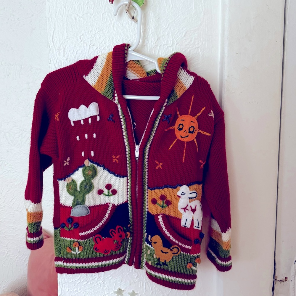 Unique kids sweater jacket. Handmade - red with cactus